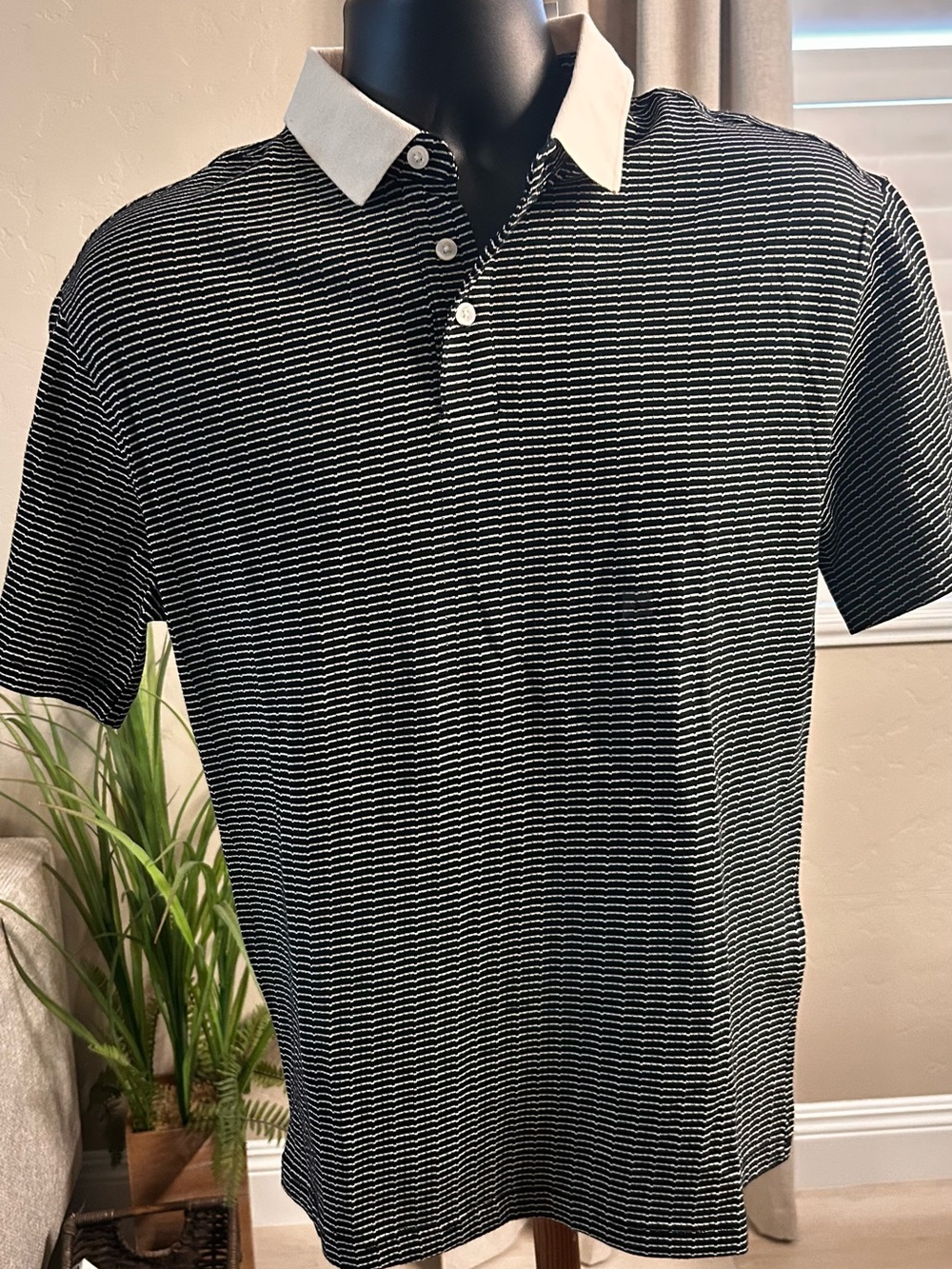 Express Black and White Thin-Striped Polo with Contrast Cream Collar
